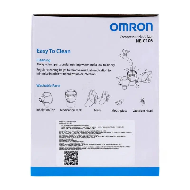 Cleaning instructions and manufacturer information label on the packaging of the Omron nebulizer.