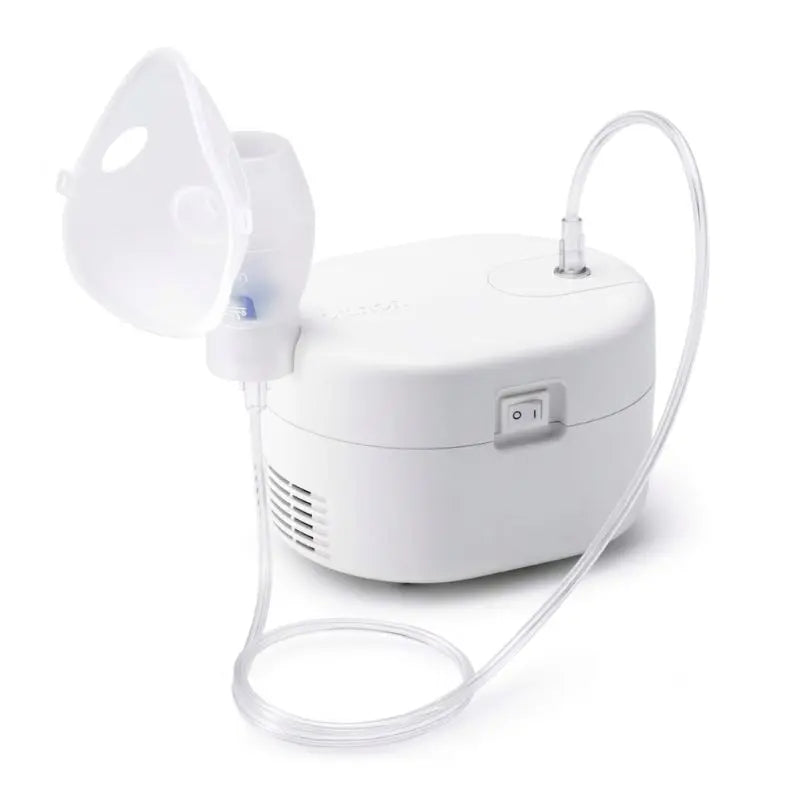 Omron nebulizer white compressor unit displayed alongside power cord, air tubing, mouthpiece, and adult and child inhalation masks.