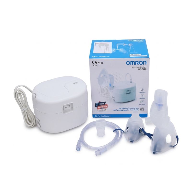 Omron nebulizer NE-C106 box front – CE0197 certified, compressor nebulizer with 2-year warranty, durable performance, and all-rounded care for your family by Omron Healthcare.