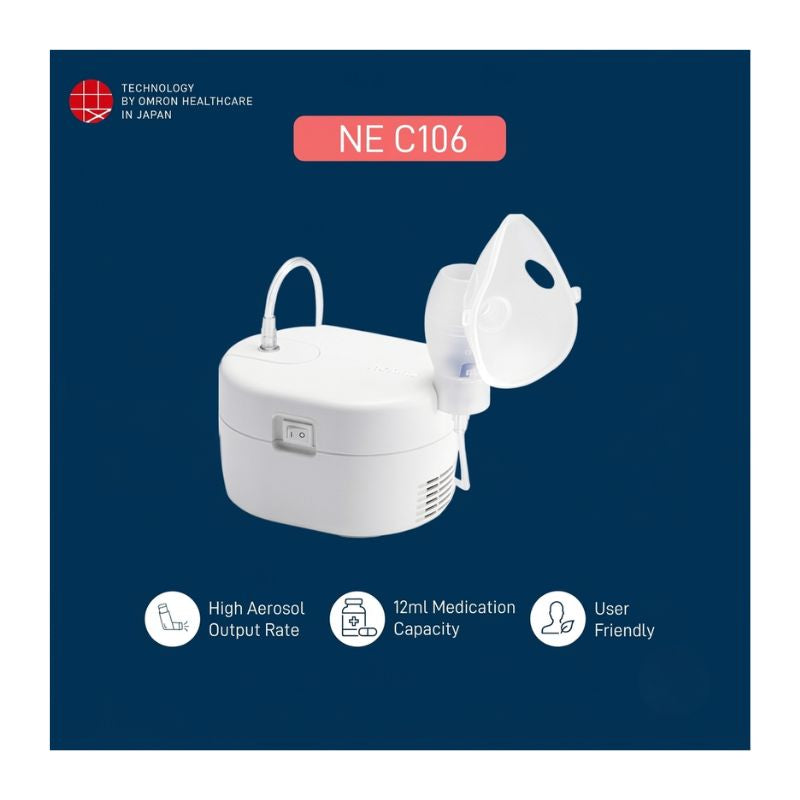 Omron nebulizer NE-C106 featuring technology by Omron Healthcare in Japan – high aerosol output rate, 12ml medication capacity, and user-friendly design for effective respiratory treatment.