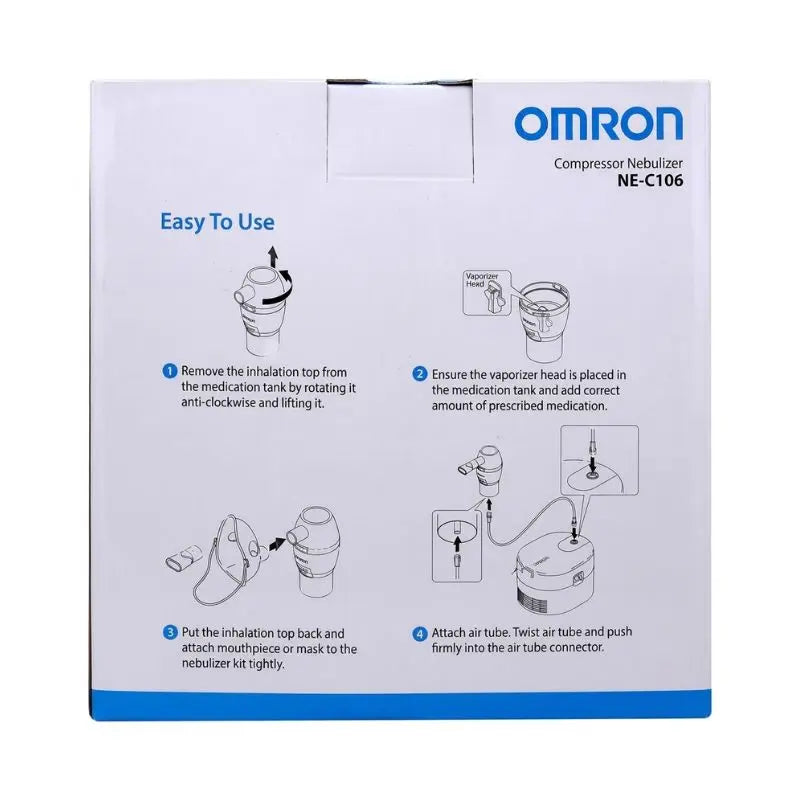 Step-by-step operation and assembly guide illustrated on the back of the Omron nebulizer box.