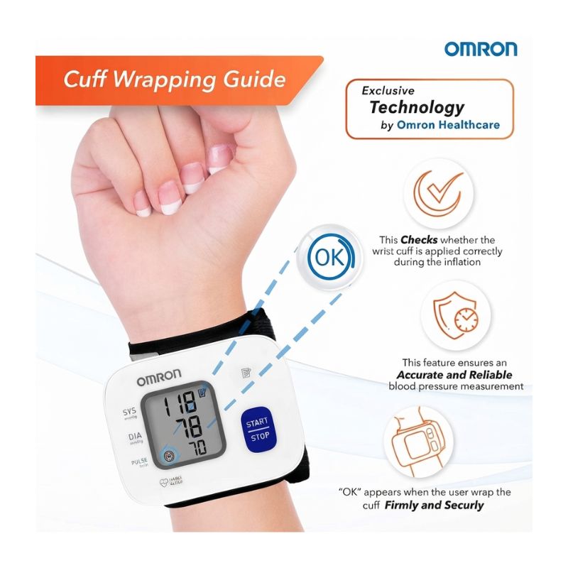 Omron exclusive cuff wrapping guide technology for wrist blood pressure monitors – checks correct cuff application during inflation and displays "OK" confirmation to ensure firm, secure, and accurate blood pressure readings.