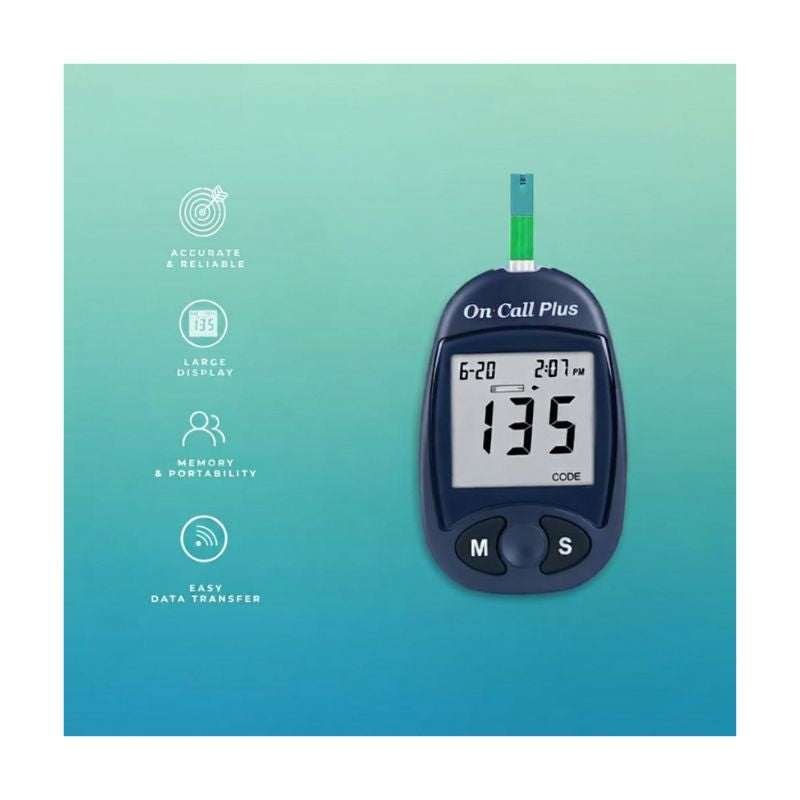 On Call Plus glucometer strips featuring accurate and reliable readings, large display screen, memory and portability, and easy USB data transfer for convenient blood sugar tracking at home or on the go.