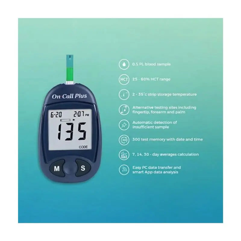 Advanced technical features of on call plus glucometer strips displaying 0.5 microliter sample size and 300 test memory.