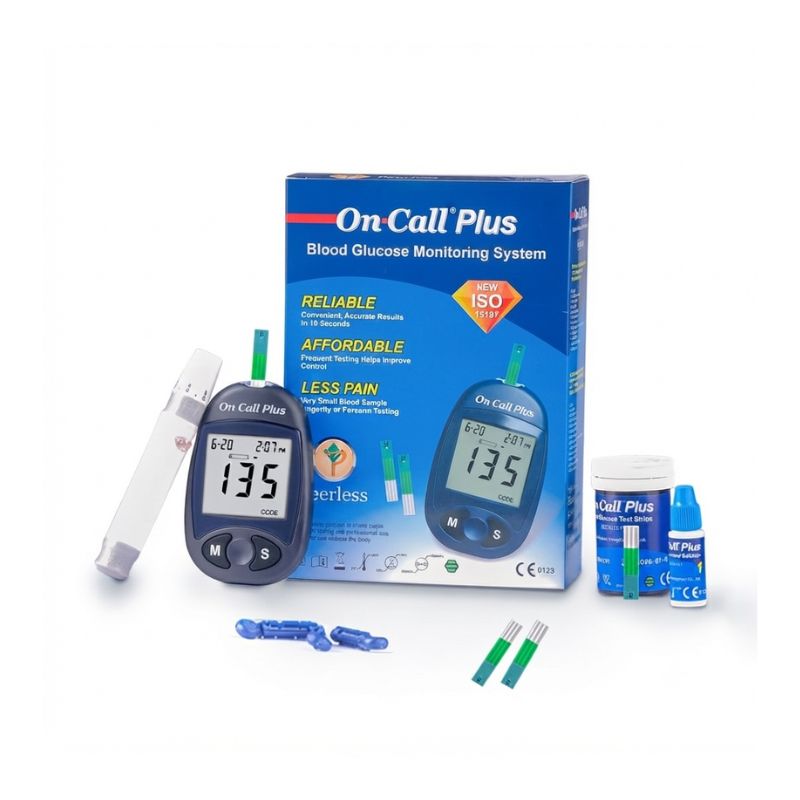 On Call Plus glucometer strips – new and reliable ISO certified blood glucose monitoring system with 10-second results, very small 0.5µL blood sample, less pain, frequent testing for better diabetes control, and CE0123 certification.