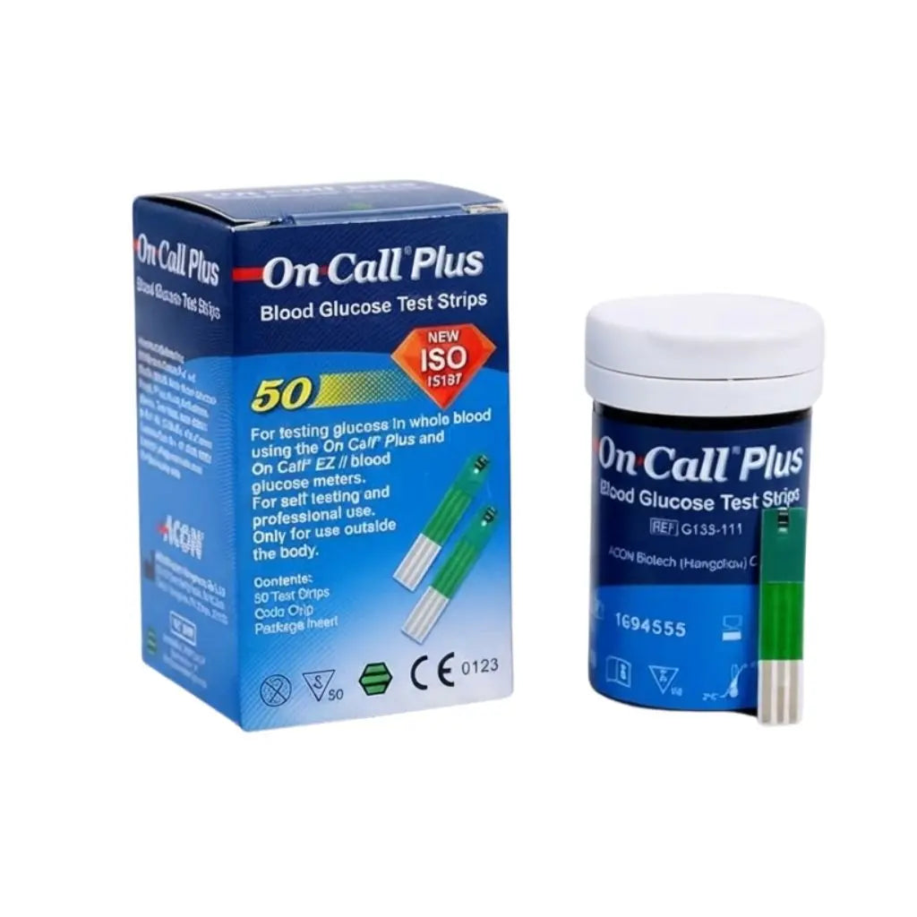 On Call Plus strips 50 blood glucose test strips vial packaging – ISO certified, for self-testing and professional use, compatible with On Call Plus glucose meters, featuring REF G133-111 and CE0123 certification by ACON Biotech.
