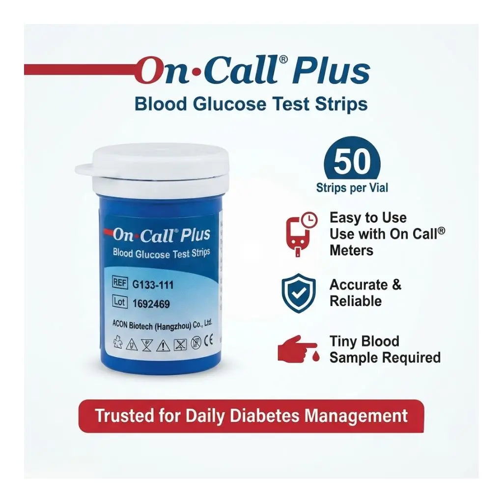 On Call Plus strips 50 per vial – accurate and reliable blood glucose test strips requiring tiny blood sample, trusted for daily diabetes management, REF G133-111, Lot 1692469