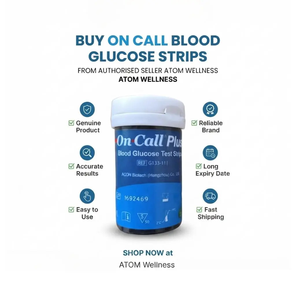On Call Plus strips available from authorised seller ATOM Wellness – genuine product, accurate results, easy to use, reliable brand, long expiry date, and fast shipping for convenient diabetes care.