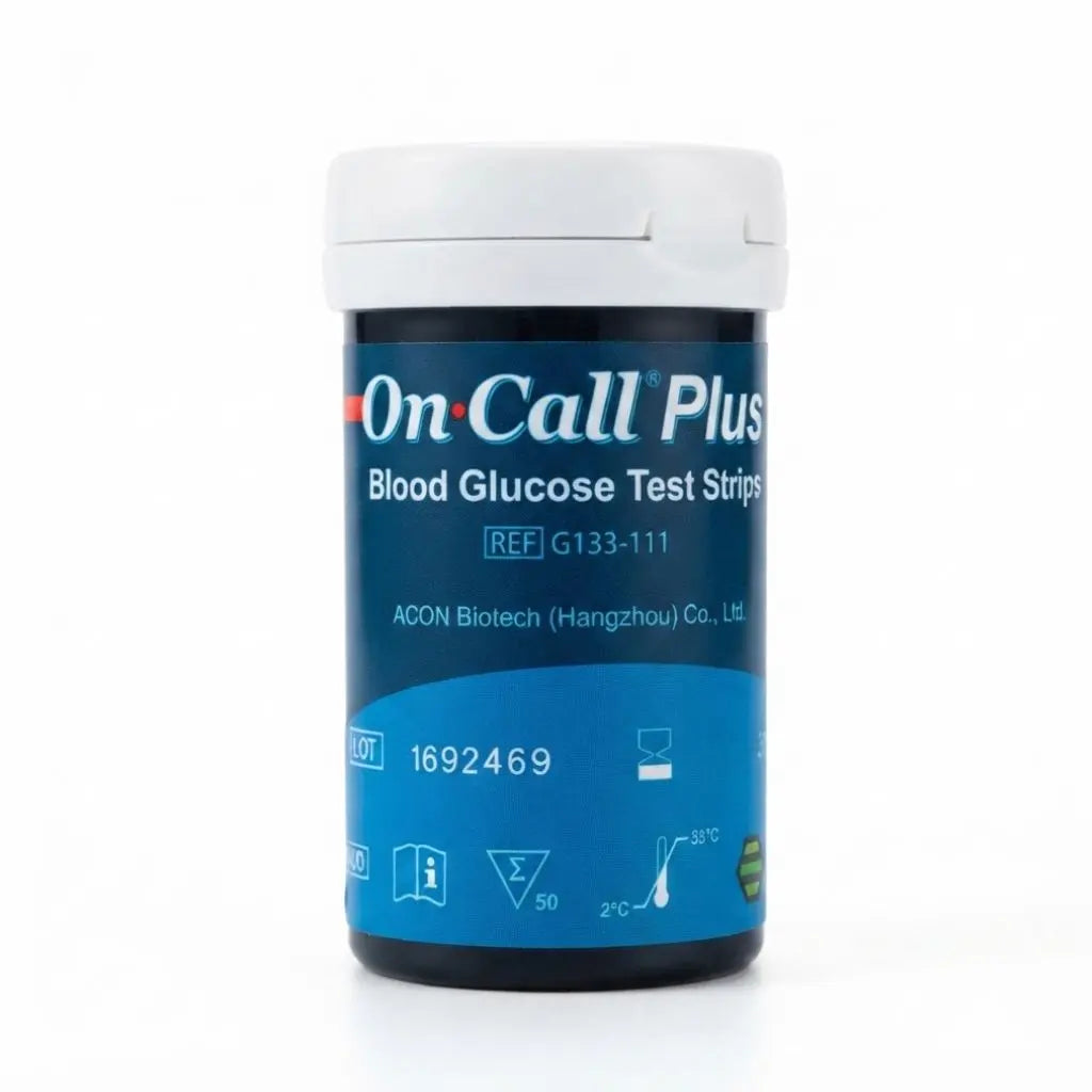 On Call Plus strips vial label showing REF G133-111, LOT 1692469, manufactured by ACON Biotech (Hangzhou) Co., Ltd. – 50 blood glucose test strips for accurate diabetes management.