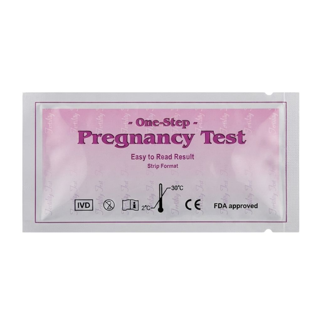 One-step kit pregnancy test strip packaging featuring easy-to-read results, CE certified, and FDA approved – a reliable home pregnancy detection kit for fast and accurate testing.