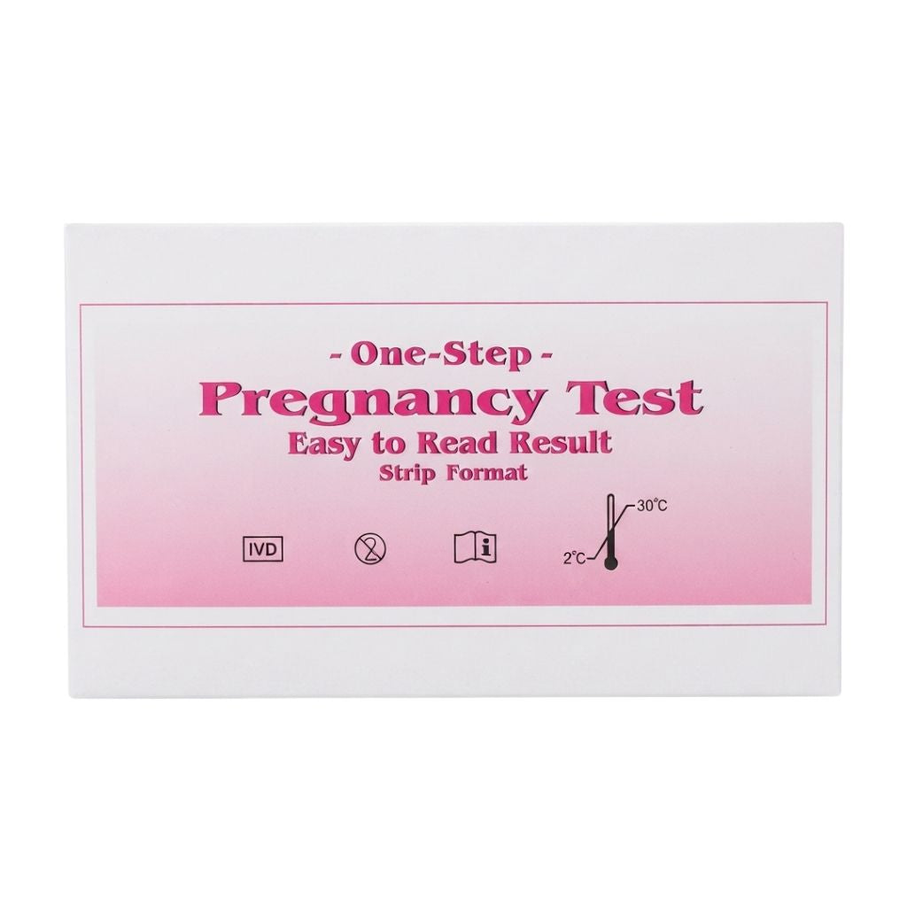 One-step kit pregnancy test strip showing IVD certification and storage instructions between 2°C and 30°C – a convenient strip-format test for early and accurate pregnancy detection at home.