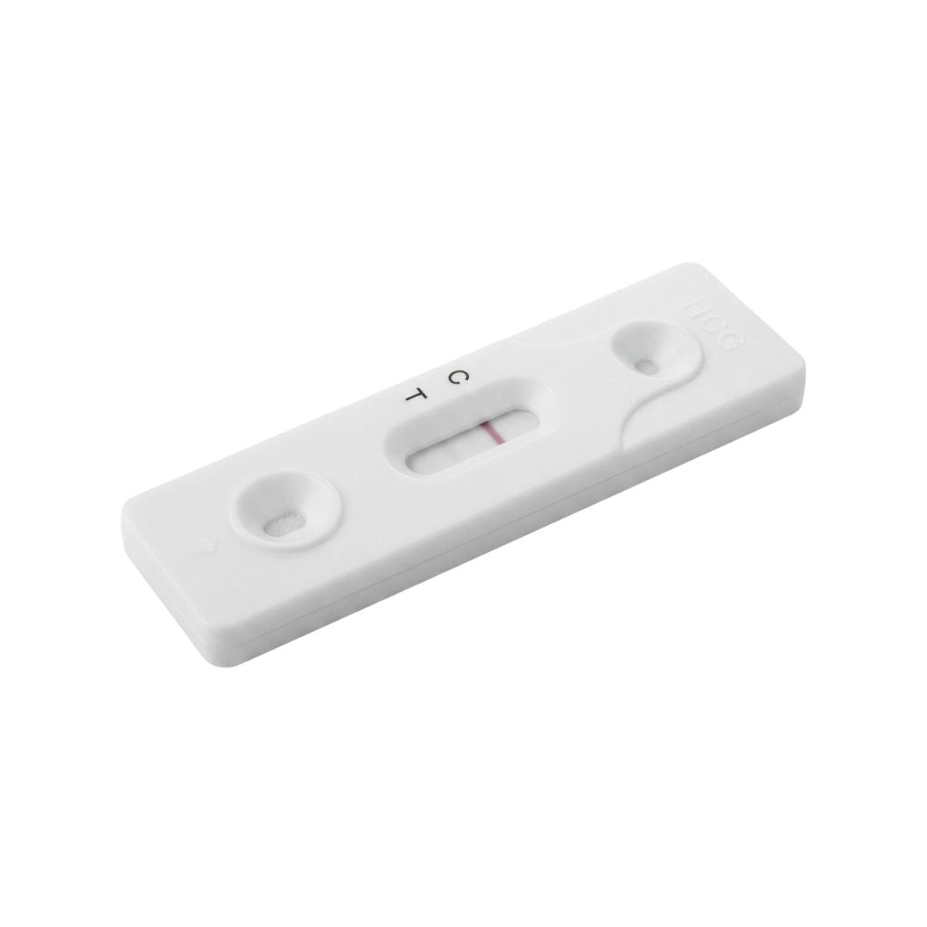 One-step kit pregnancy test strip showing positive with two lines, negative with one line, and invalid result examples – an easy-to-read HCG urine test strip for reliable home pregnancy detection.