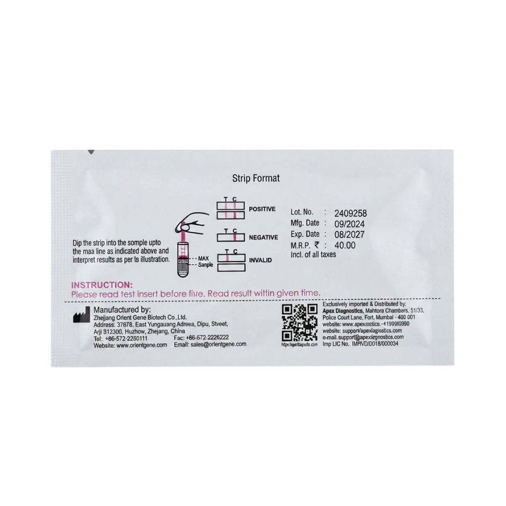 One-step kit pregnancy test strip with clear result interpretation – positive with two lines, negative with one line, and invalid with no line – manufactured by Zhejiang Orient Gene for reliable home HCG testing.