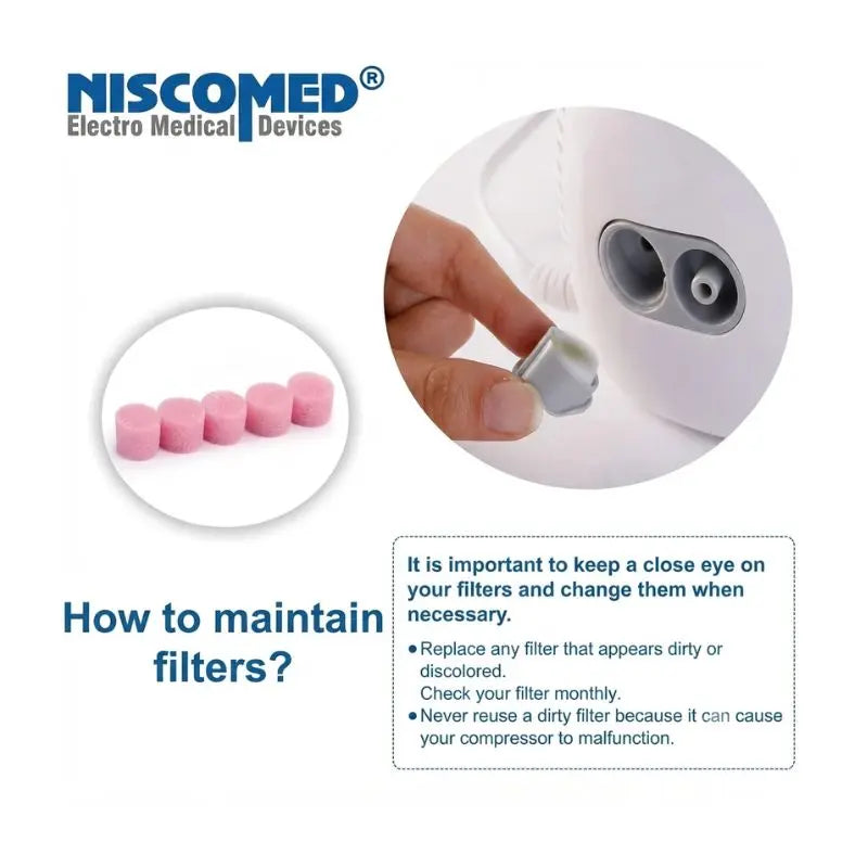 Air filter maintenance guide for the piston compressor nebulizer explaining monthly checks and timely replacement rules.