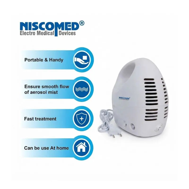 Piston compressor nebulizer showcasing key benefits including portable design, smooth aerosol flow, and home healthcare use.