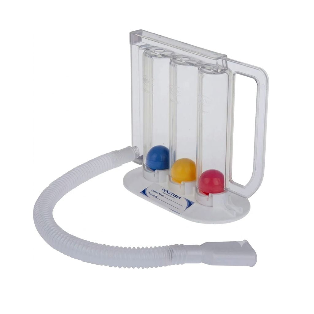 Polymed Polyciser 3 Ball Spirometer for deep breathing exercises and lung capacity improvement.