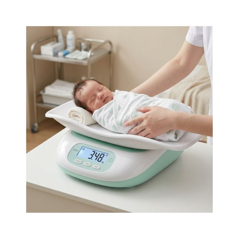 Clean studio product shot of a compact, portable digital newborn weight machine displaying precise weight measurements.