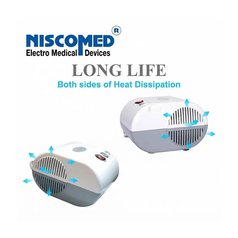 Dual-side heat dissipation airflow illustration designed to ensure motor durability in the portable nebulizer machine.