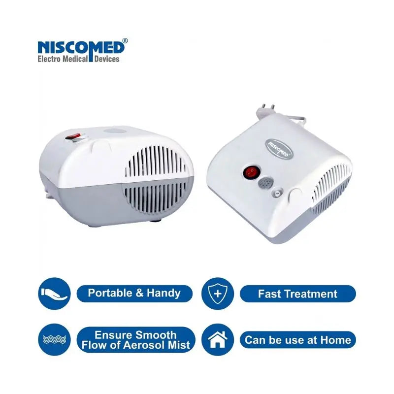 Performance benefit badges highlighting fast treatment, smooth aerosol mist flow, and home healthcare use for the portable nebulizer machine.