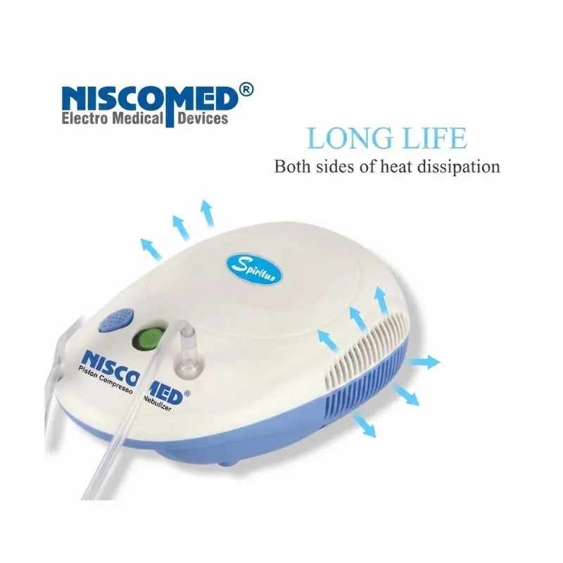 Illustrative view of the portable nebulizer highlighting dual-side heat dissipation for extended motor life and durability.