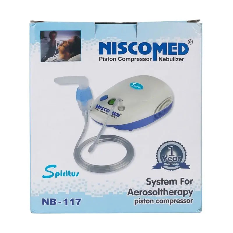 Retail box packaging for the portable nebulizer model NB-117 showing piston compressor design and 1-year warranty logo.