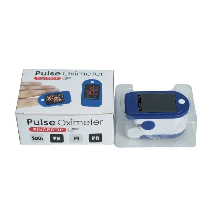 Fingertip pulse oximeter packaging showing SpO2, PR, and PI readings – a compact and accurate device for monitoring blood oxygen saturation and pulse rate at home or on the go.