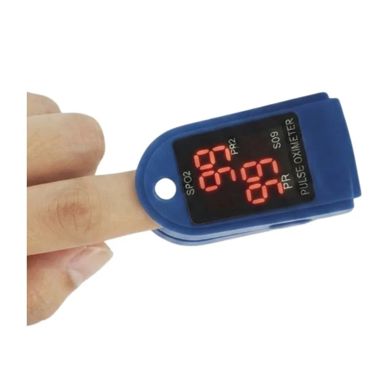 Fingertip pulse oximeter displaying SpO2 and PR readings – a compact device for accurate blood oxygen saturation and pulse rate monitoring at home or clinical settings.