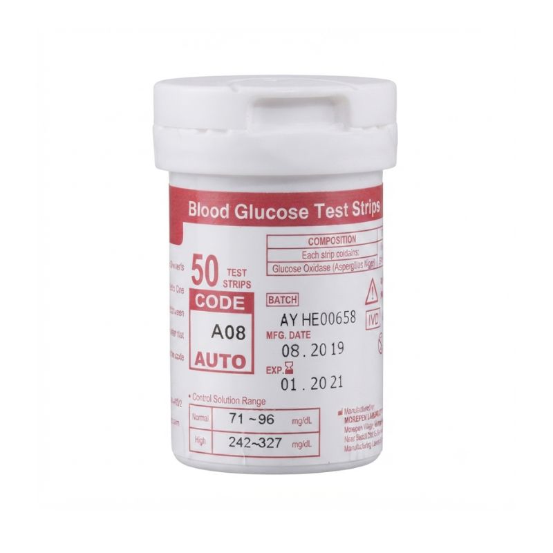Dr. Morepen strips 50 composition and specifications – glucose oxidase enzyme, batch number AYHE00658, 71-96 mg/dL normal control range, and 242-327 mg/dL high control range for quality assurance.
