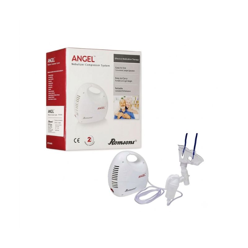 Romsons Angel nebulizer compressor system device – CE certified, easy to use, portable and lightweight, reliable convenient performance, and 2-year warranty for effective aerosol therapy at home or clinical settings.