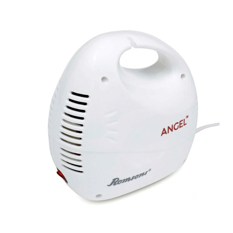 Romsons Angel nebulizer real product image – compact compressor device with power switch, handle, and air outlet, designed for portable and lightweight respiratory therapy with low noise operation and reliable performance.