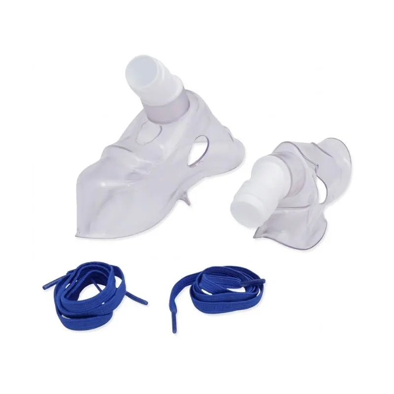 Close-up view of adult and child masks with elastic retention straps included with the Romsons nebulizer set.