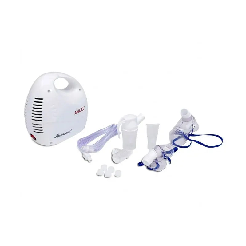 Complete accessory kit for the Romsons nebulizer including air tubing, medicine chamber, mouthpieces, masks, and spare filters.