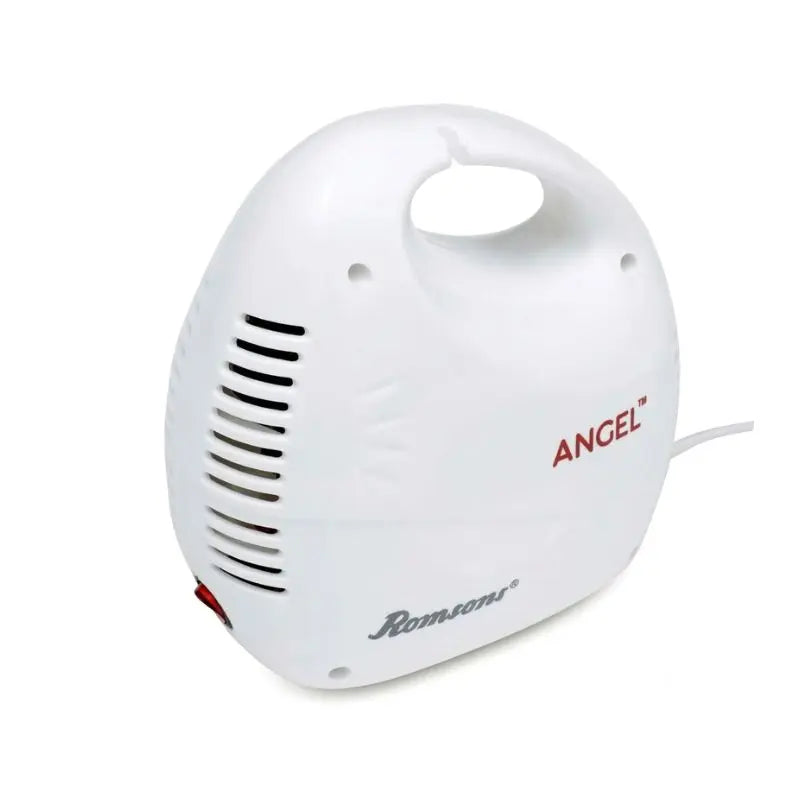 Romsons nebulizer Angel main piston compressor unit showcasing the ergonomic white housing and integrated carrying handle.