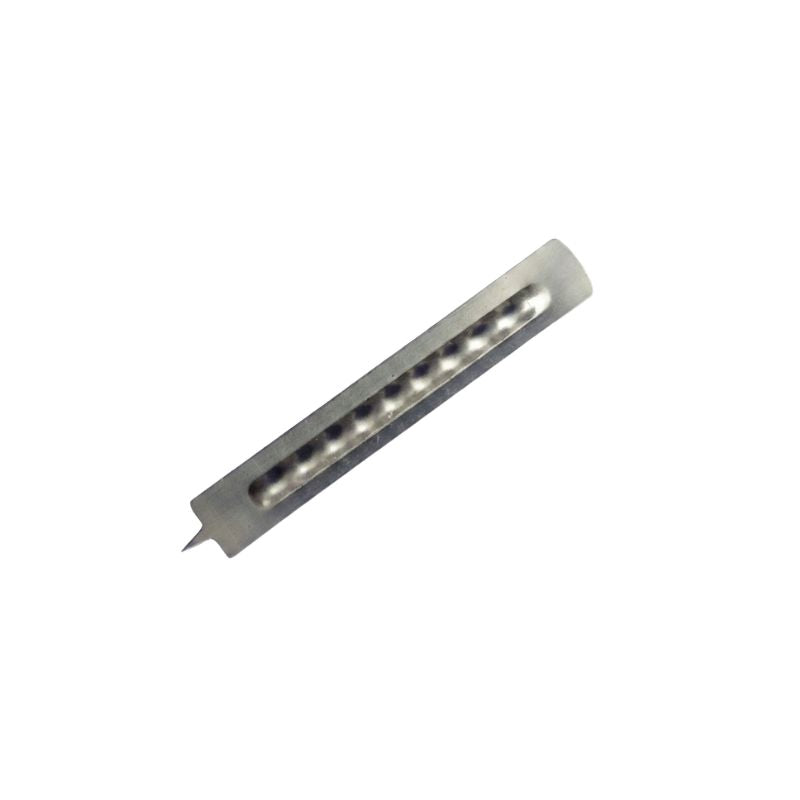 Detailed view of a single sterile stainless steel medical blood lancet.