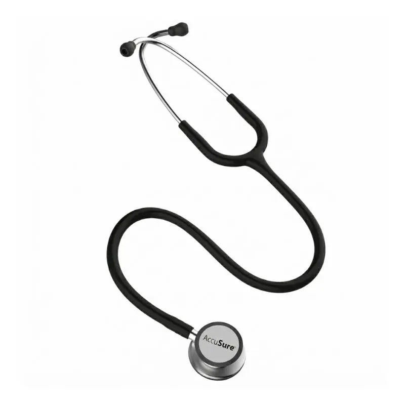 Real product view of the stethoscope for doctors featuring stainless steel dual-head chest piece and black tubing.