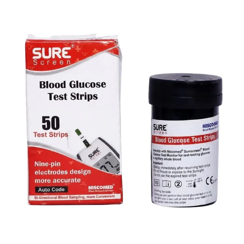 SURE Screen glucose test strips – 50 strips with nine-pin electrodes design for more accurate results, auto code technology, and bi-directional blood sampling for convenient diabetes monitoring by NISCOMED.