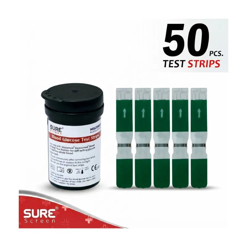 SURE Screen glucose test strips – 50 pcs test strips vial with NISCO branding and clear labeling for convenient blood glucose monitoring.