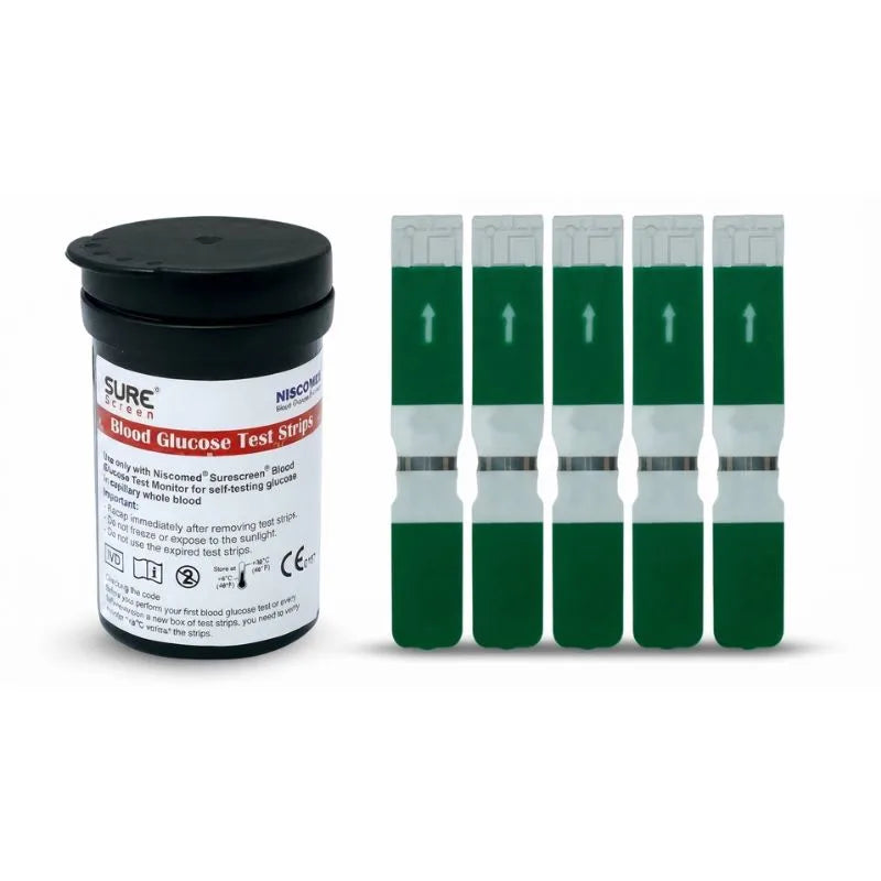 SURE Screen NISCO blood glucose test strips for whole blood testing – accurate and reliable test strips for self-monitoring blood glucose levels at home.