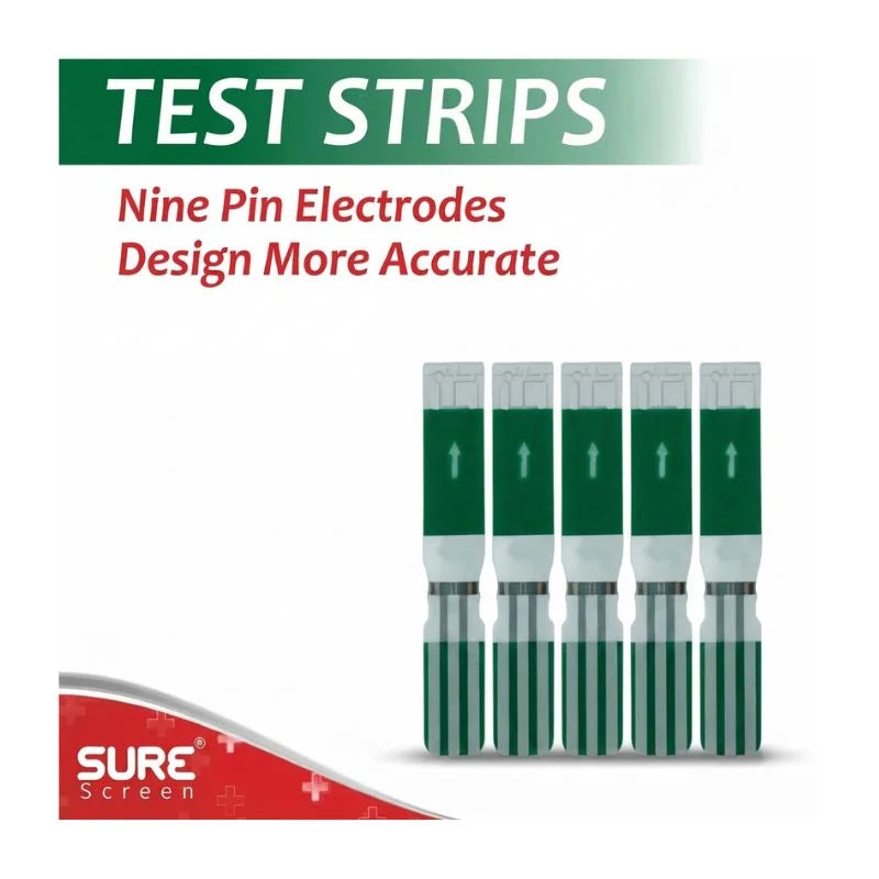SURE Screen glucose test strips featuring nine-pin electrodes design for more accurate readings – a reliable solution for daily diabetes management.