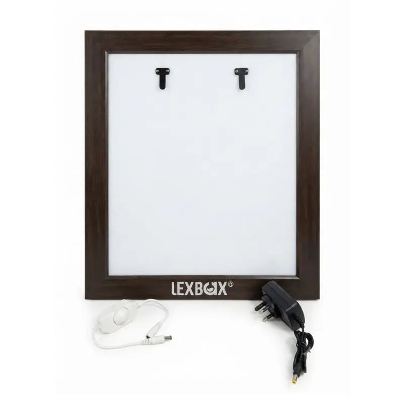 An X Ray View Box by Lexbax showing the front panel, power adapter, and dimmer switch.