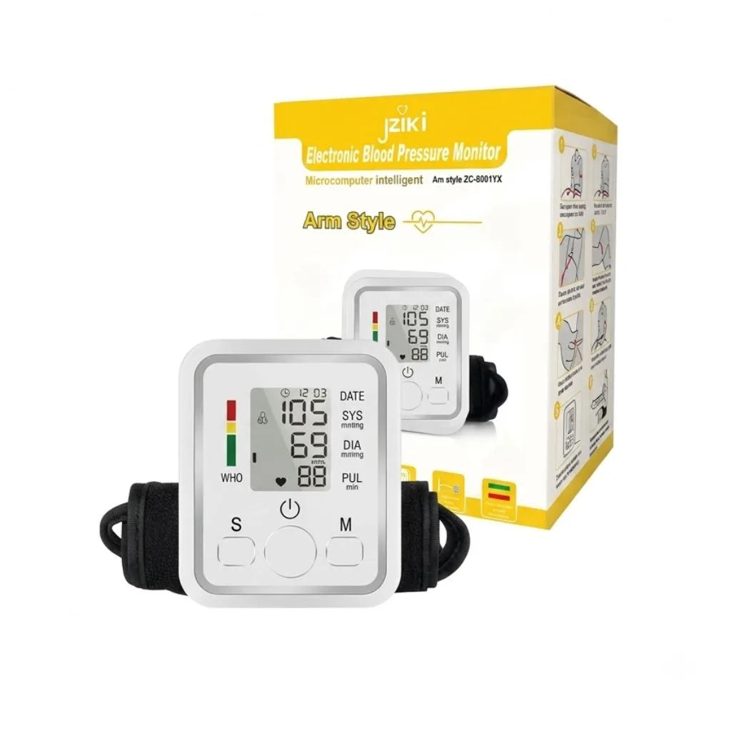 jZiki electronic blood pressure monitor arm style display showing systolic 105, diastolic 69, and pulse 88 with WHO risk indicator for easy blood pressure classification.